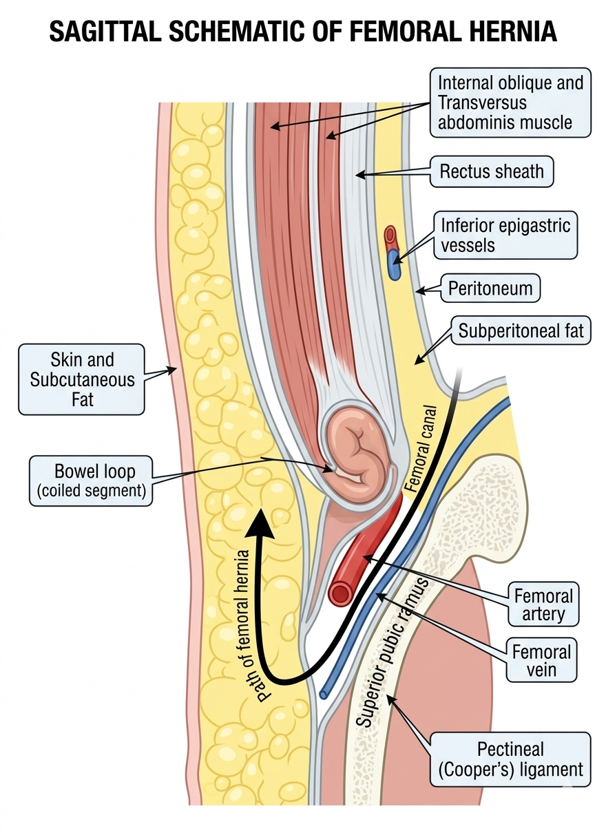 Sagittal schematic of femoral hernia