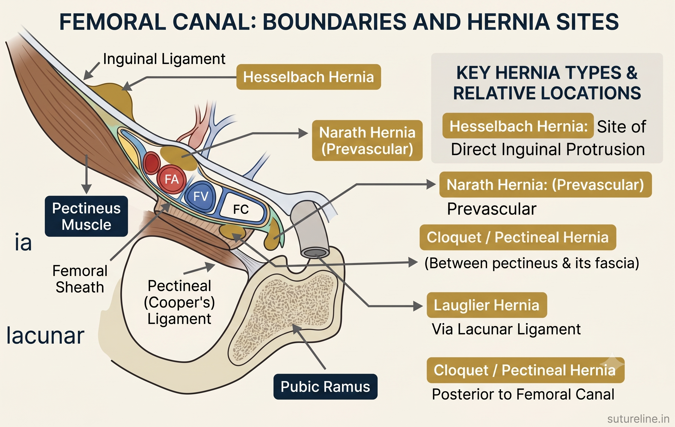 Femoral canal boundaries and hernia sites